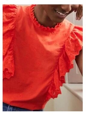 BODEN Nina Sleeveless Broderie Ruffle Eyelet Top Sz 12 Bright Papaya